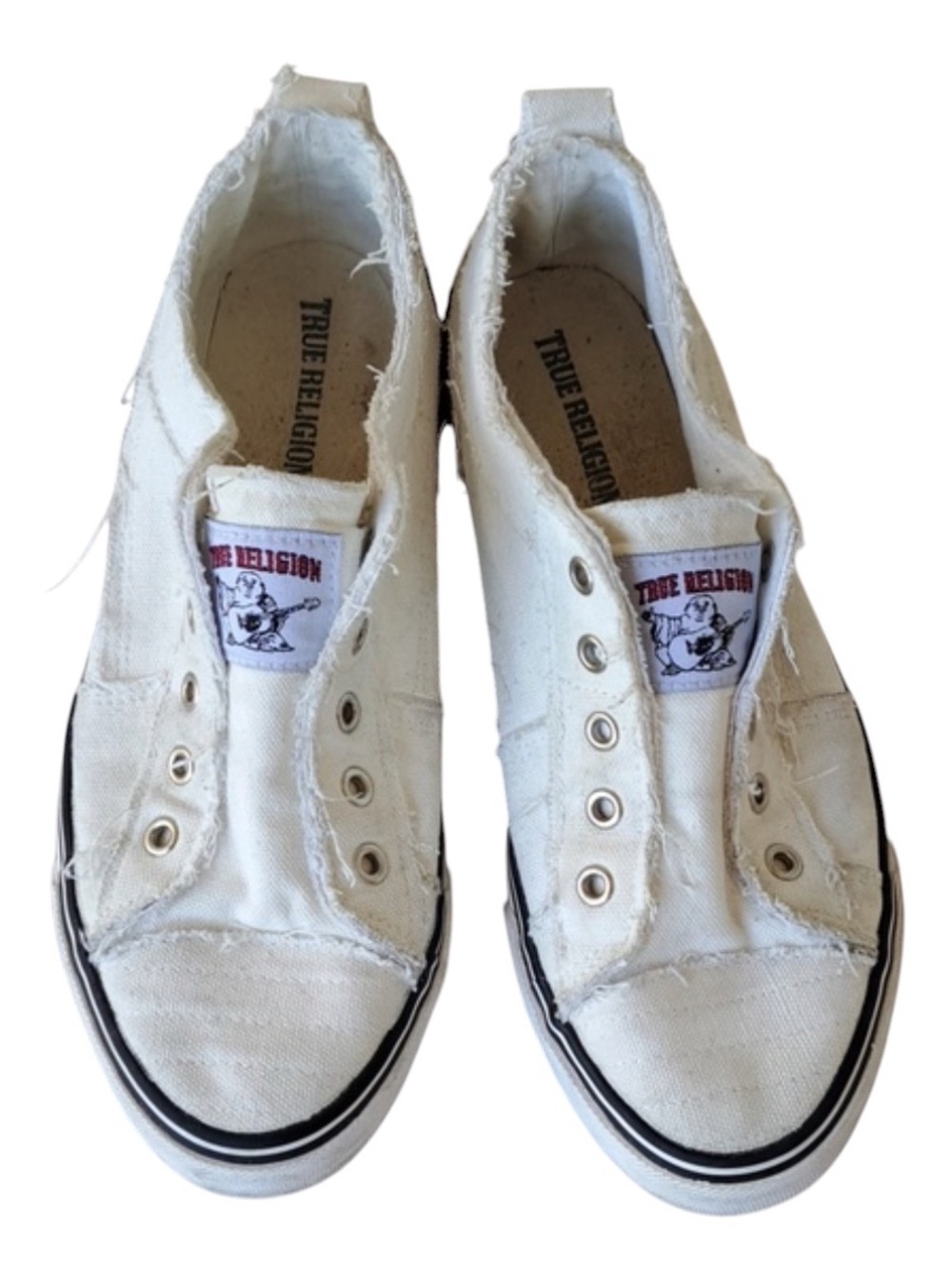 True Religion sz 8 women’s White Canvas Slip-On Sneakers with Frayed Trim